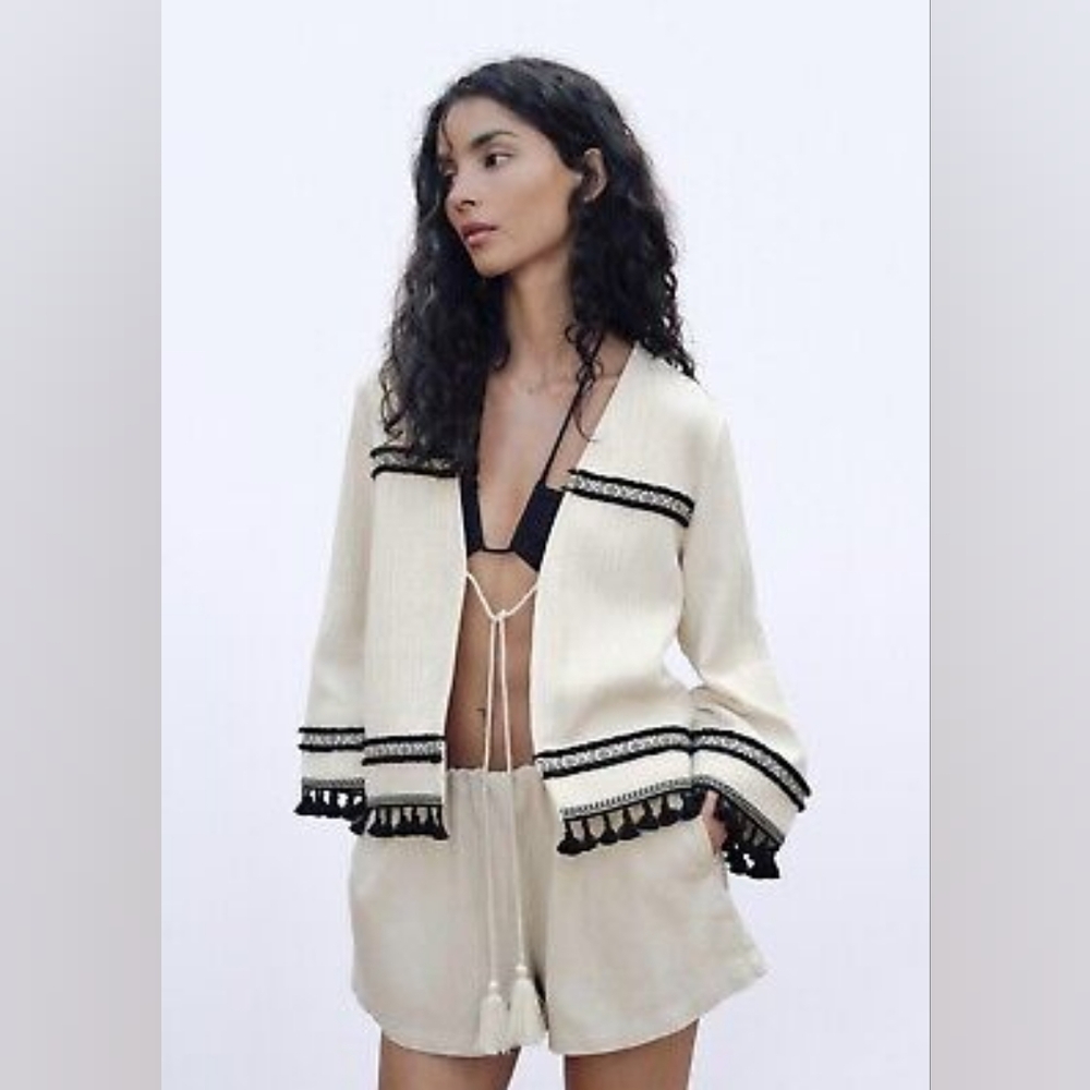 ZARA cream/black fringe boho jacket, small